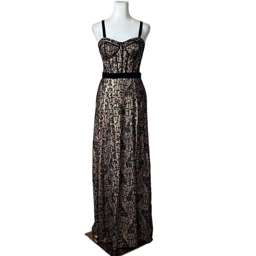 New! GALINA Floor Length Corset Sheath Dress Black Lace Gold Nude Metallic 2